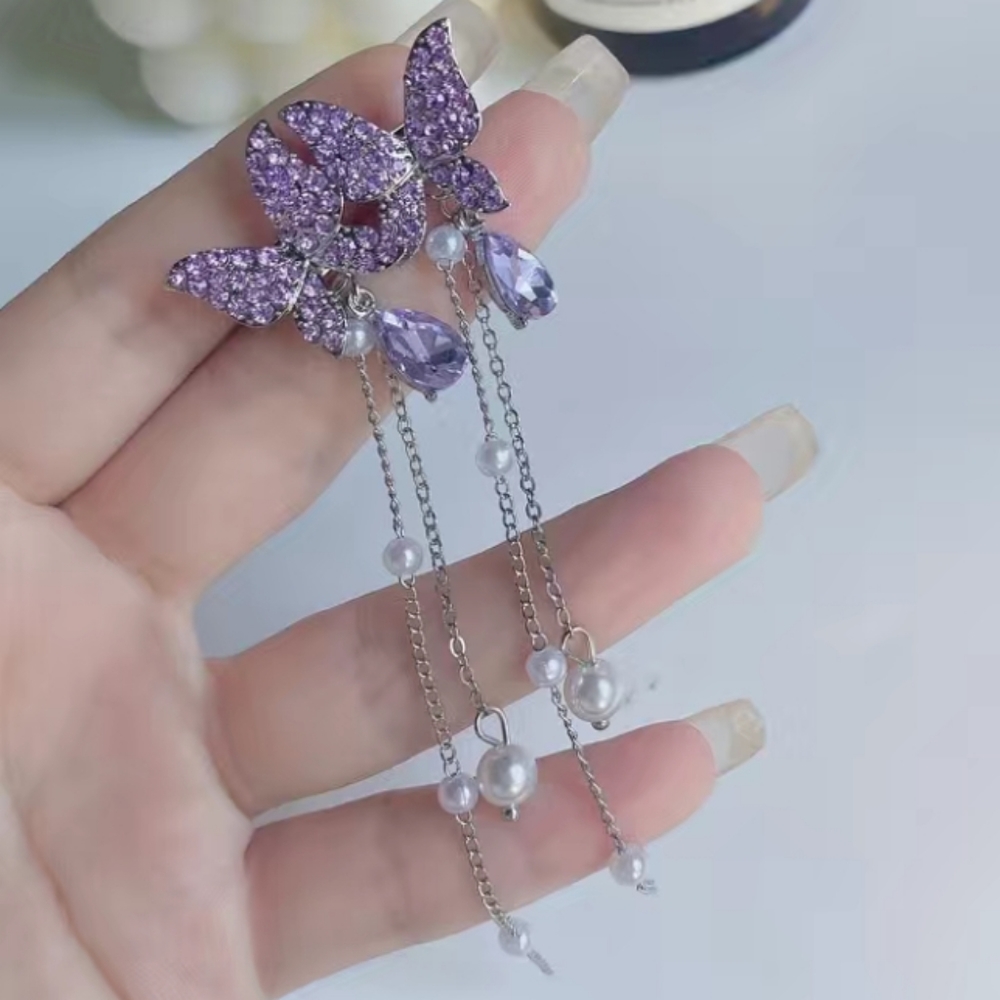 Purple Rhinestone Butterfly Dangle Earrings